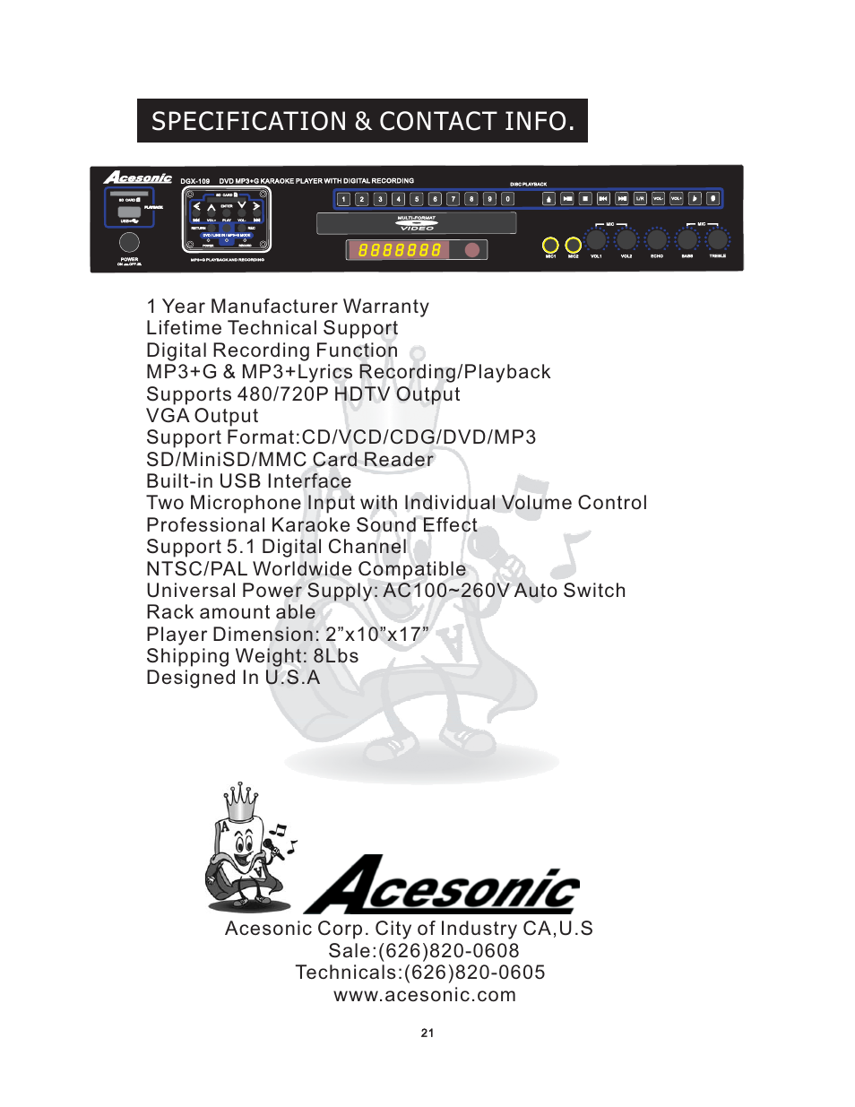 Specification & contact info | Acesonic DGX-109 User Manual | Page 24 / 26