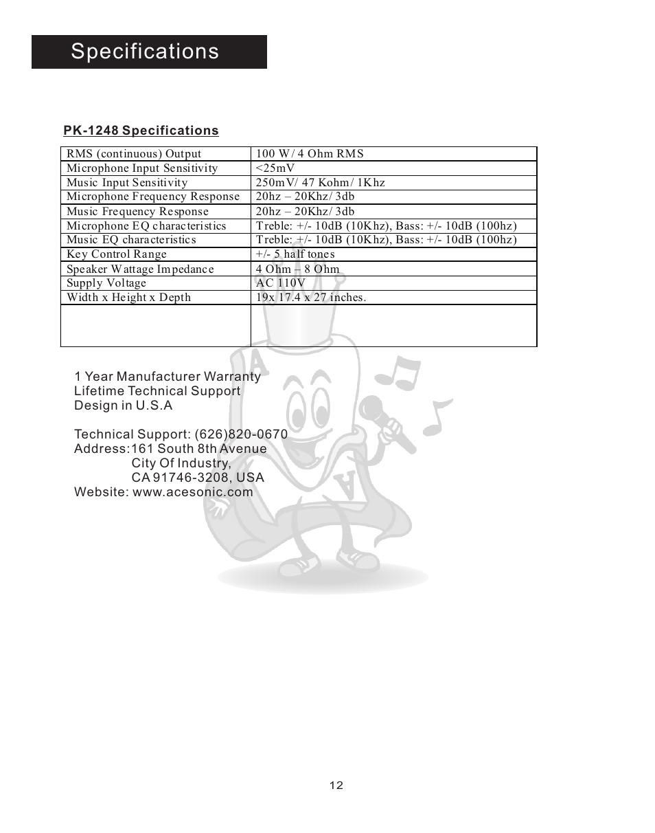 Spec, Specifications | Acesonic PK-1248 User Manual | Page 13 / 13