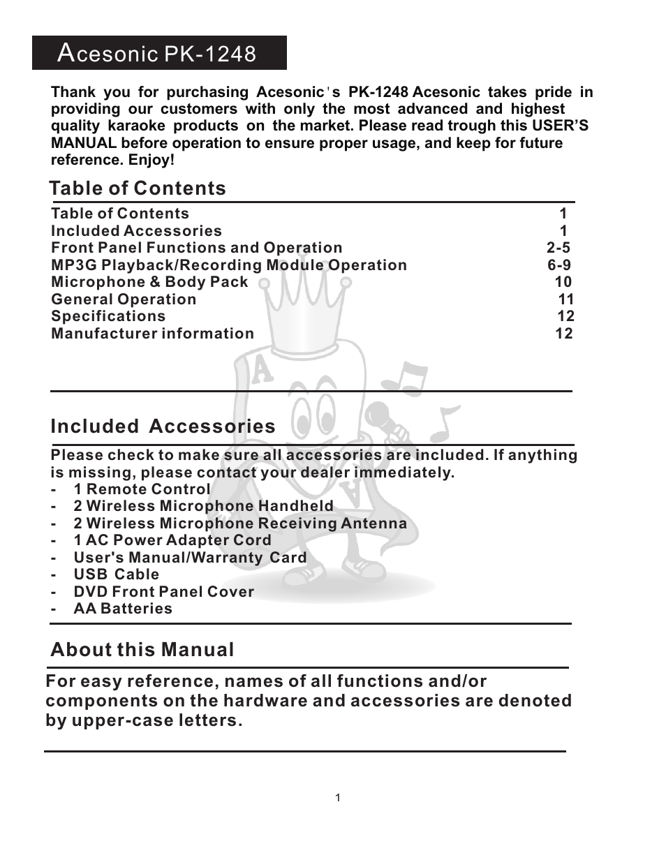 Acesonic PK-1248 User Manual | Page 2 / 13