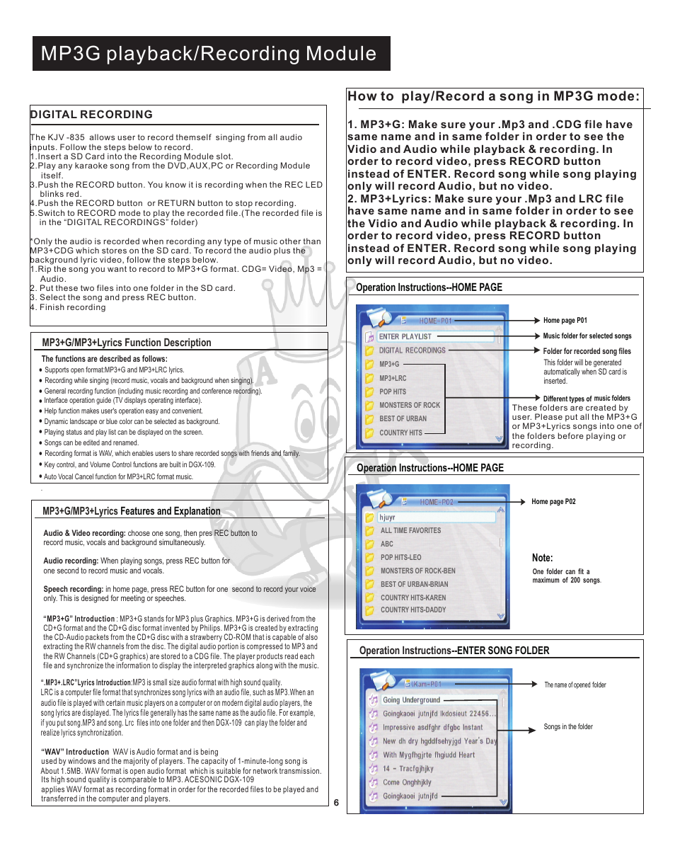 Rec mode, Mp3g playback/recording module, How to play/record a song in mp3g mode | Acesonic PK-1248 User Manual | Page 7 / 13