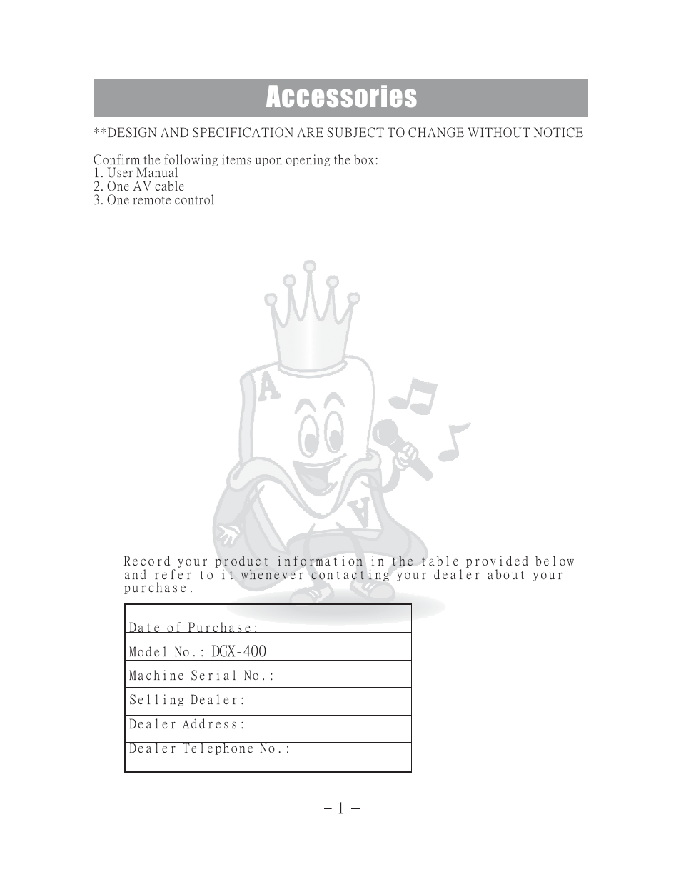 Accessories | Acesonic 400 Disc DVD CD G Karaoke Changer DGX-400 User Manual | Page 2 / 51