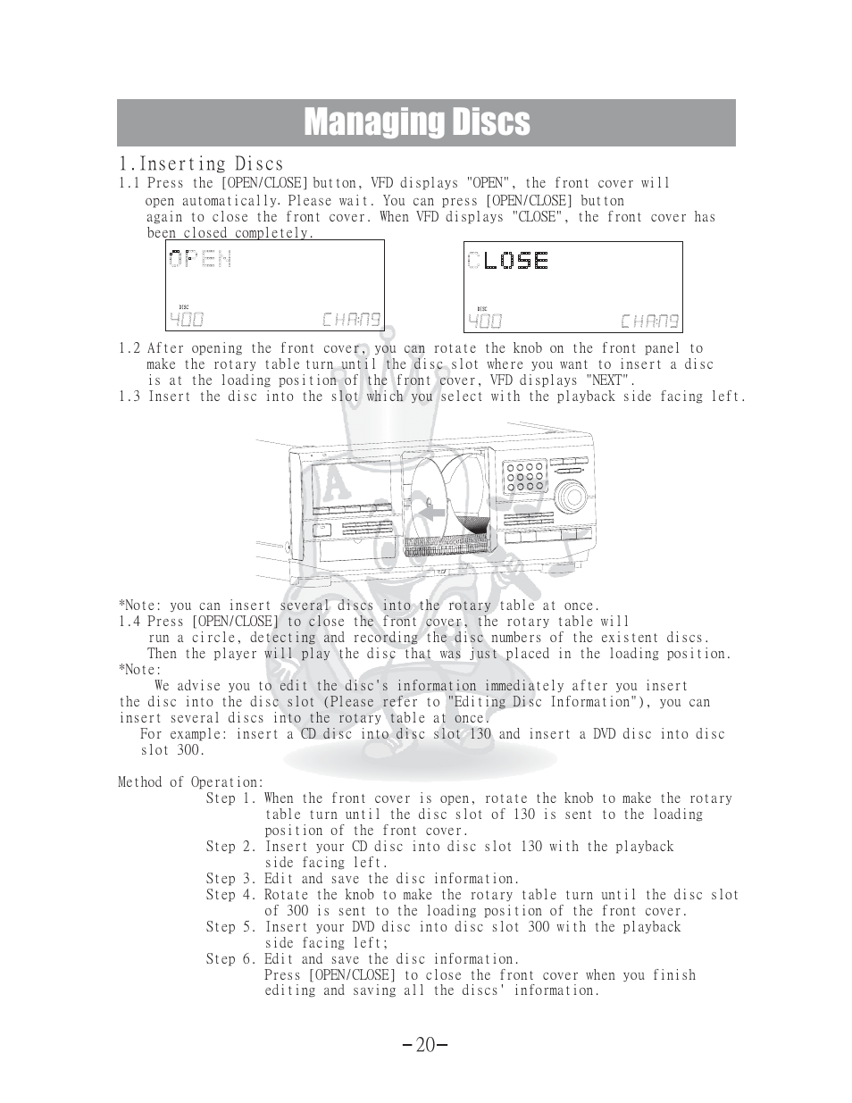 Managing discs, Inserting discs | Acesonic 400 Disc DVD CD G Karaoke Changer DGX-400 User Manual | Page 21 / 51