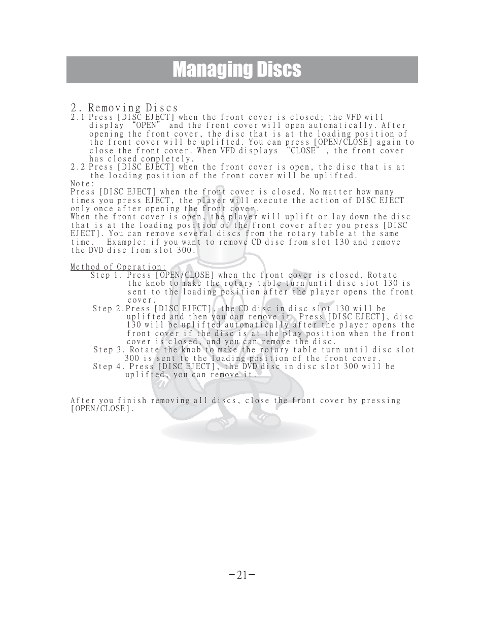 Managing discs | Acesonic 400 Disc DVD CD G Karaoke Changer DGX-400 User Manual | Page 22 / 51