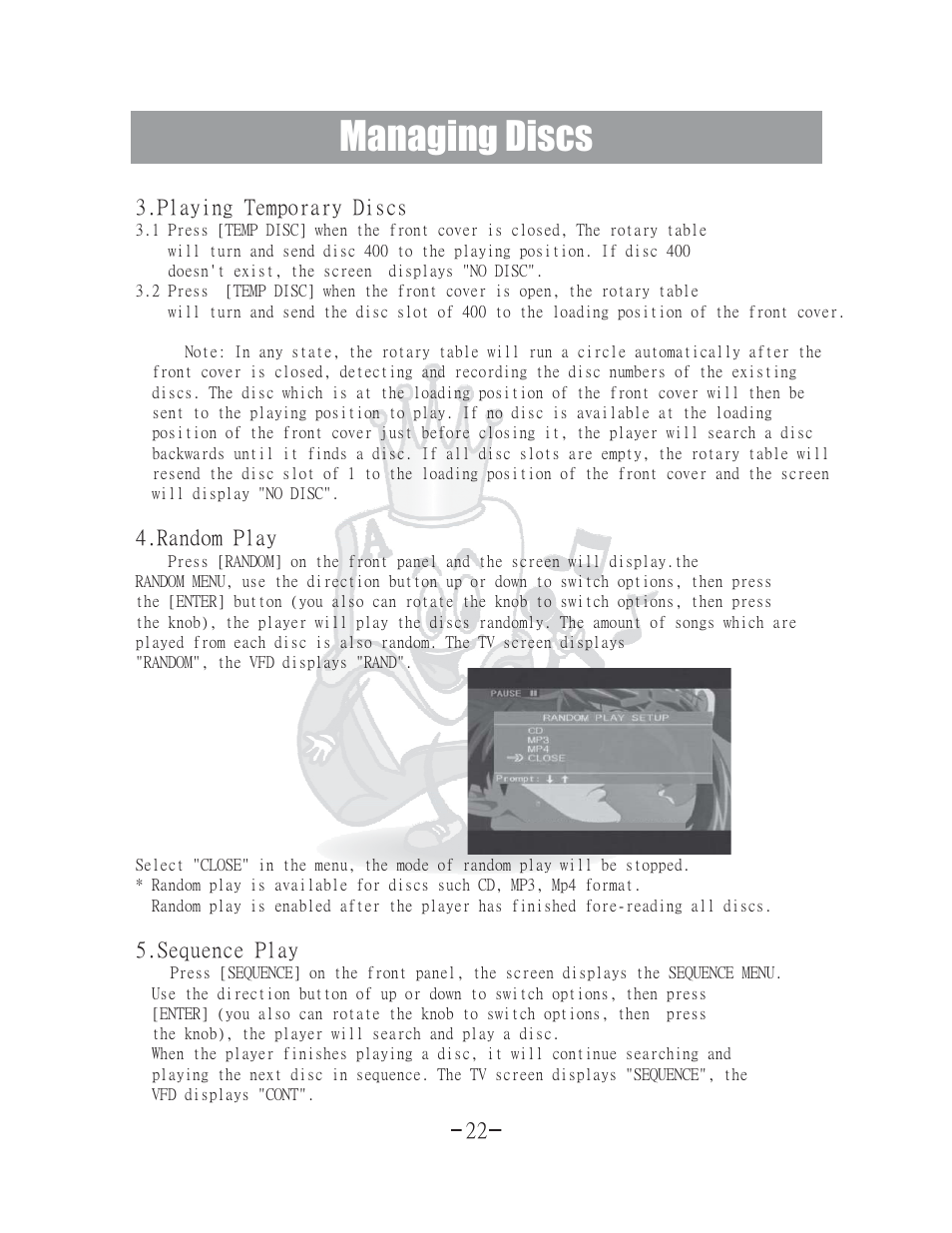 Managing discs, Playing temporary disc 4.random play s, Sequence play | Acesonic 400 Disc DVD CD G Karaoke Changer DGX-400 User Manual | Page 23 / 51