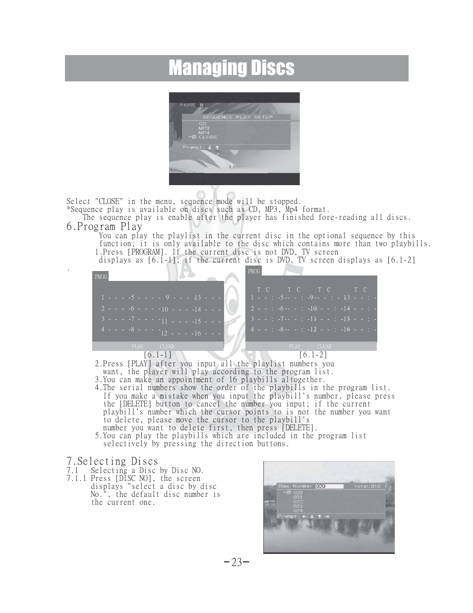 Managing discs, Program play 7.selecting discs | Acesonic 400 Disc DVD CD G Karaoke Changer DGX-400 User Manual | Page 24 / 51