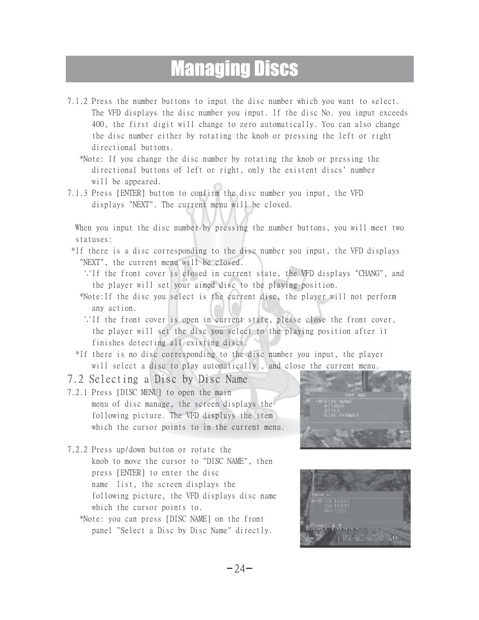Managing discs, 2 selecting a disc by disc name | Acesonic 400 Disc DVD CD G Karaoke Changer DGX-400 User Manual | Page 25 / 51