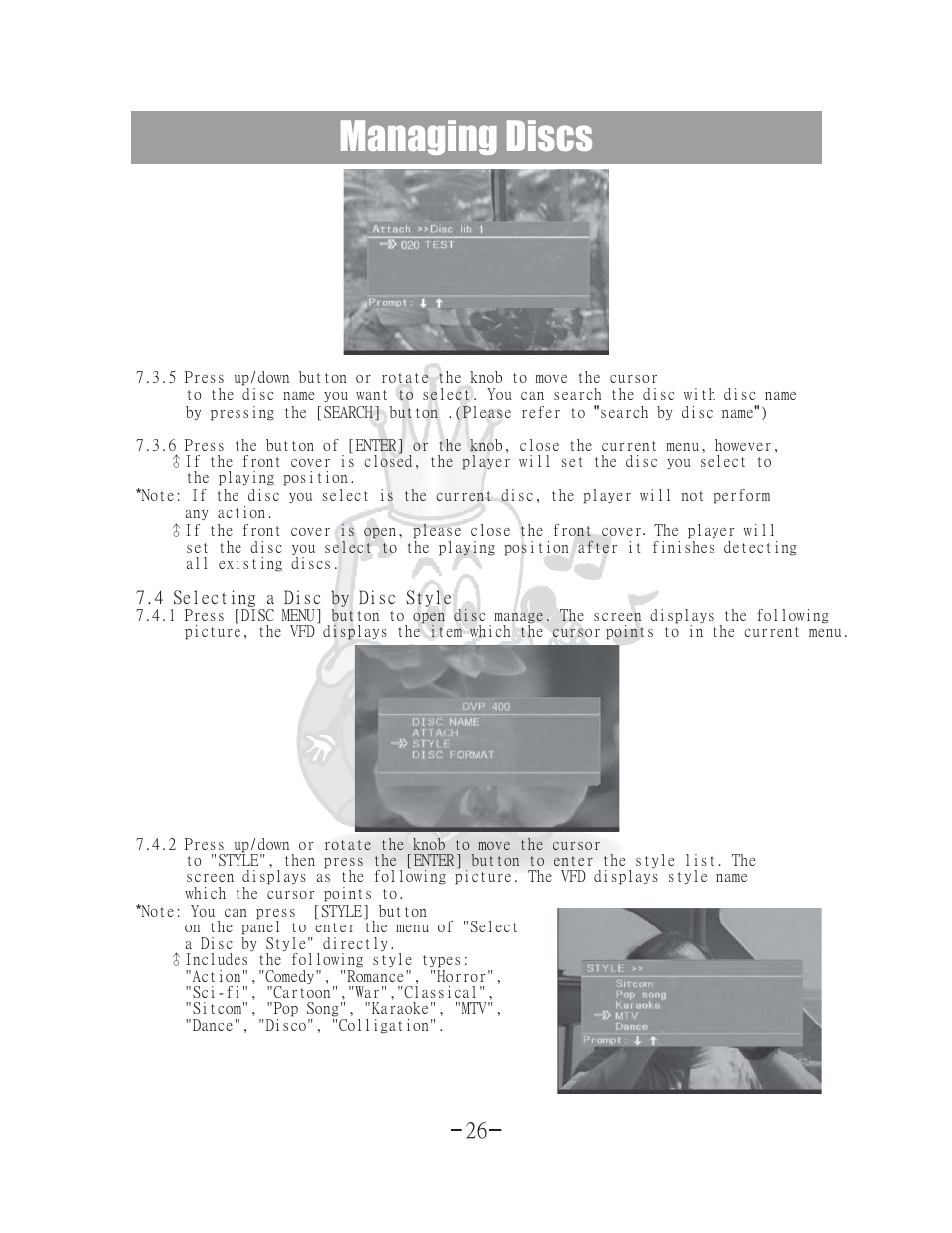 Managing discs | Acesonic 400 Disc DVD CD G Karaoke Changer DGX-400 User Manual | Page 27 / 51