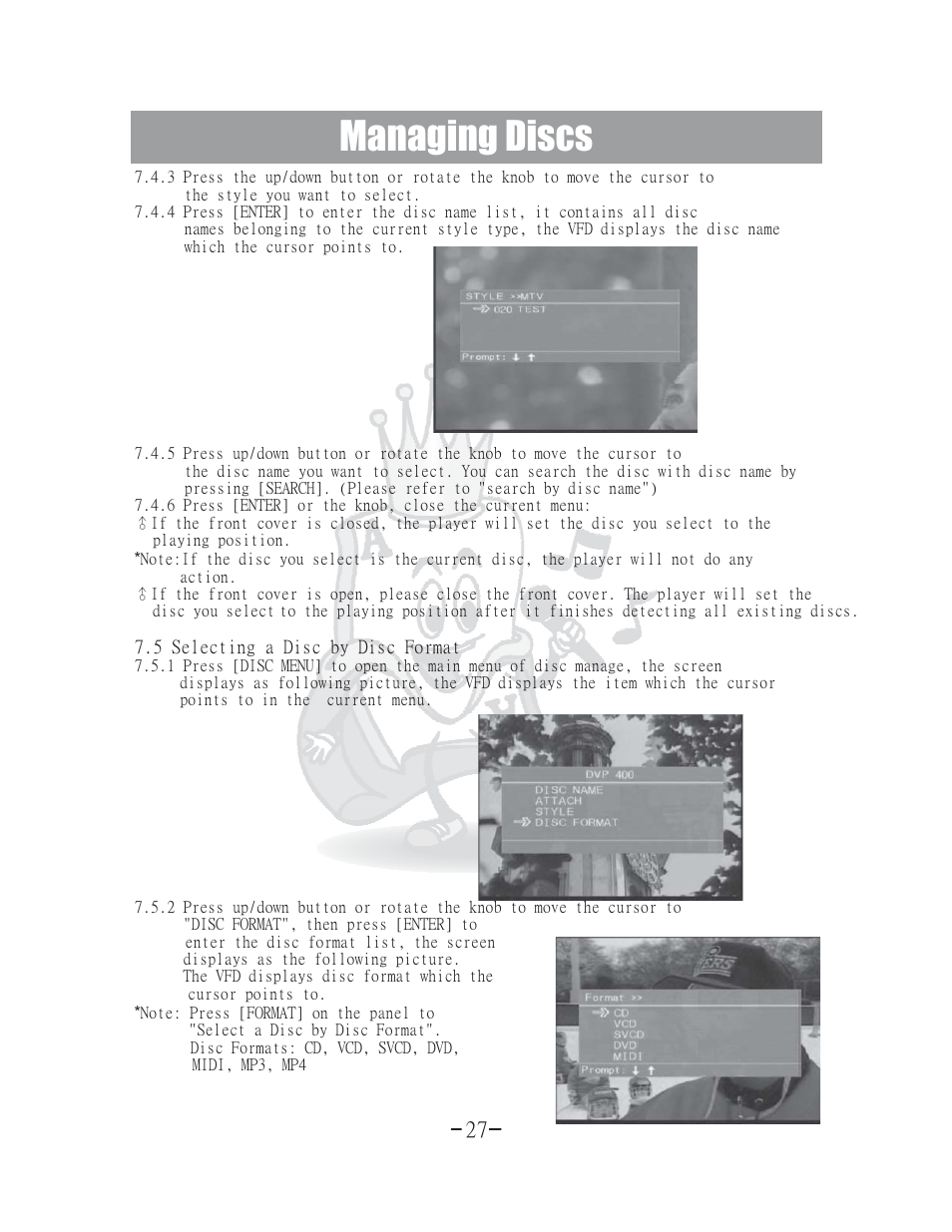 Managing discs | Acesonic 400 Disc DVD CD G Karaoke Changer DGX-400 User Manual | Page 28 / 51