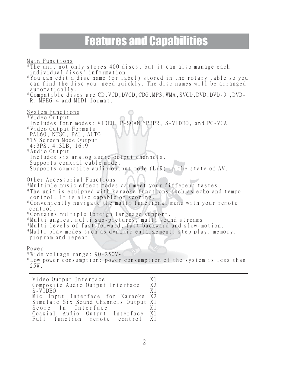Features and capabilities | Acesonic 400 Disc DVD CD G Karaoke Changer DGX-400 User Manual | Page 3 / 51