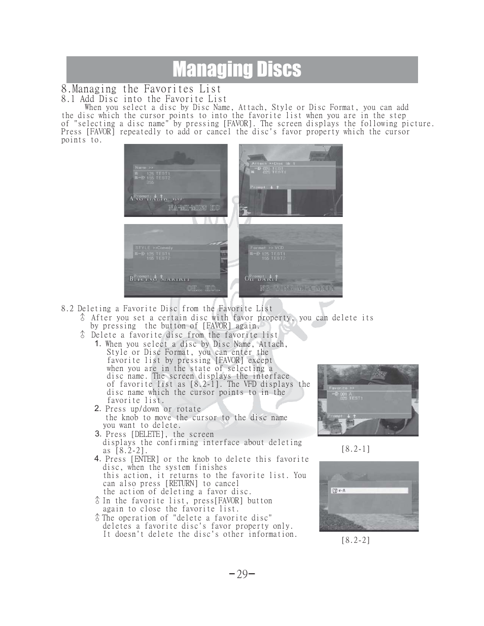 Managing discs, Managing the favorite list | Acesonic 400 Disc DVD CD G Karaoke Changer DGX-400 User Manual | Page 30 / 51