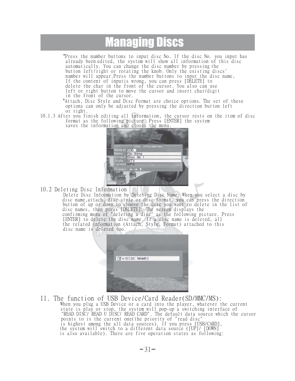 Managing discs | Acesonic 400 Disc DVD CD G Karaoke Changer DGX-400 User Manual | Page 32 / 51