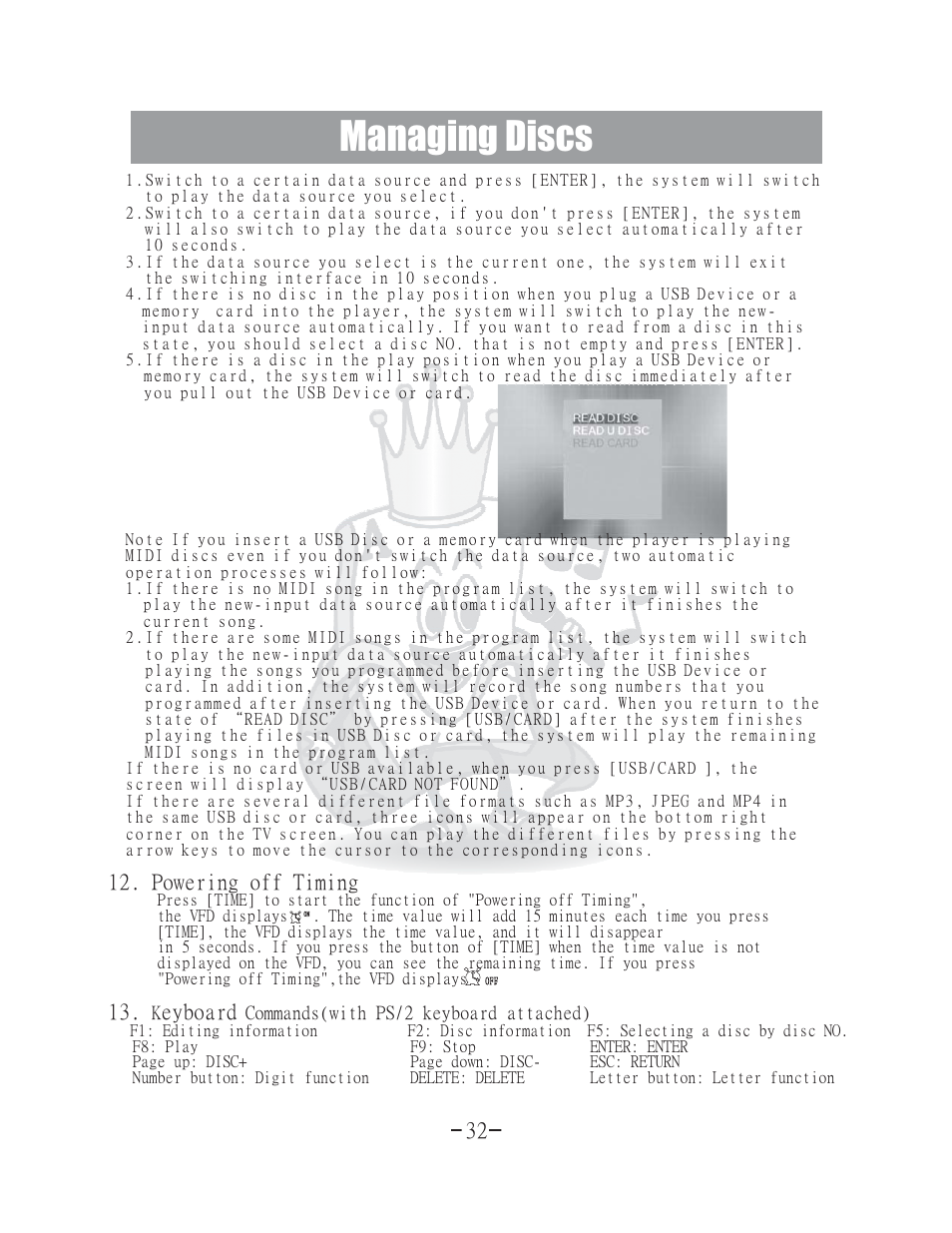 Managing discs, Powering off timing, Eyboard | Acesonic 400 Disc DVD CD G Karaoke Changer DGX-400 User Manual | Page 33 / 51