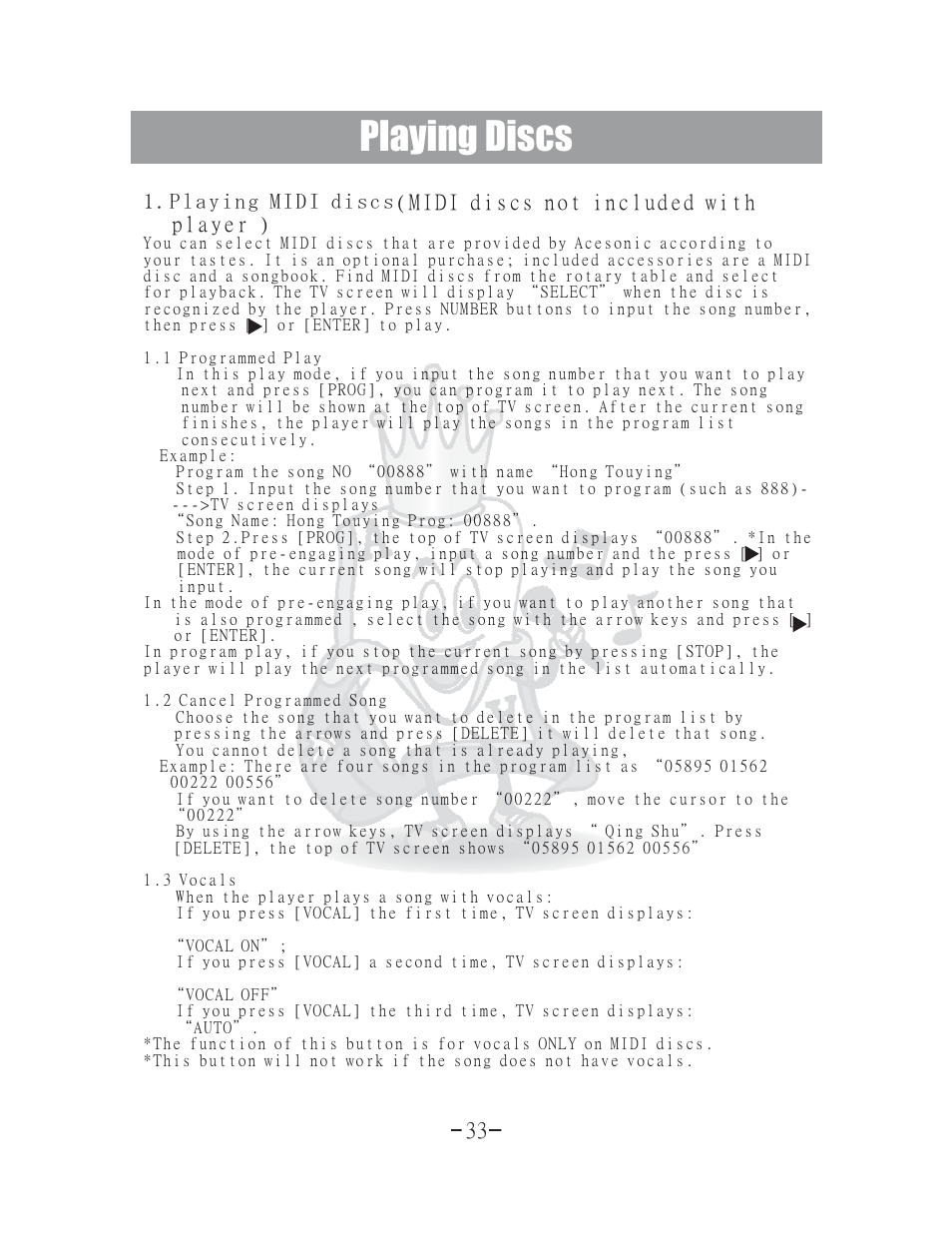 Playing discs | Acesonic 400 Disc DVD CD G Karaoke Changer DGX-400 User Manual | Page 34 / 51