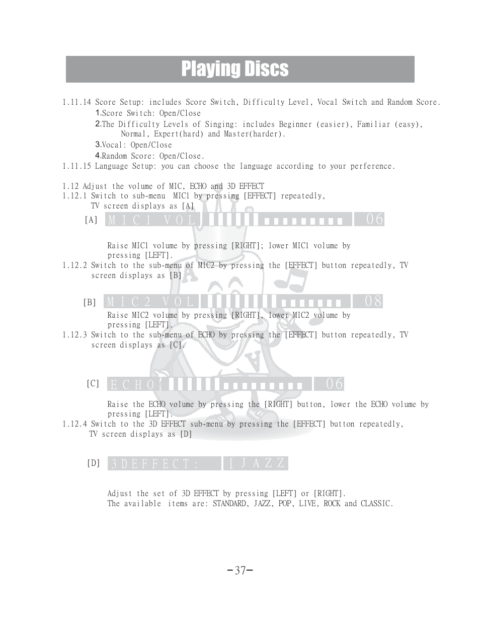 Playing discs, M i c 1 v o l, M i c 2 v o l | E c h o | Acesonic 400 Disc DVD CD G Karaoke Changer DGX-400 User Manual | Page 38 / 51