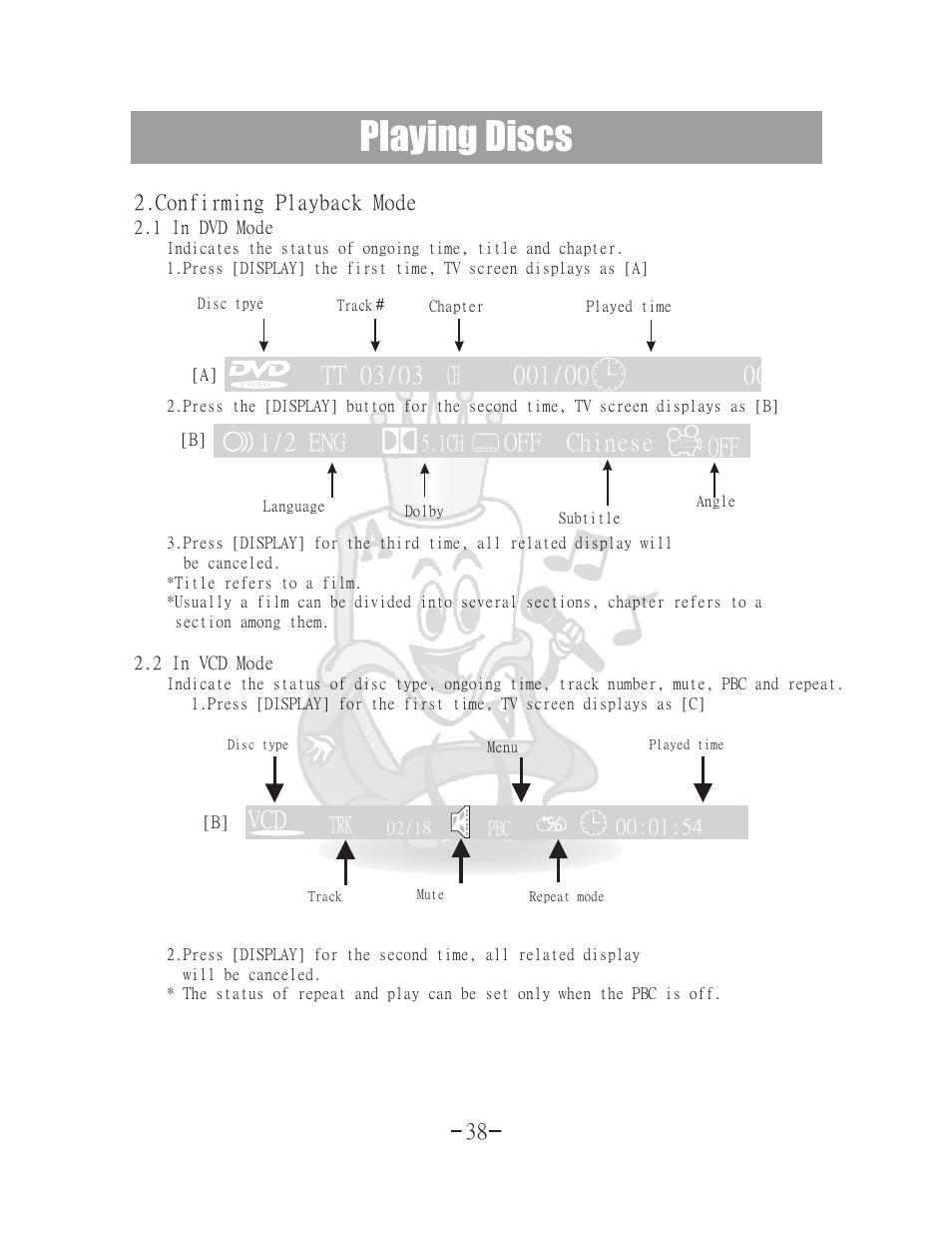 Playing discs, 1/2 eng off chinese | Acesonic 400 Disc DVD CD G Karaoke Changer DGX-400 User Manual | Page 39 / 51