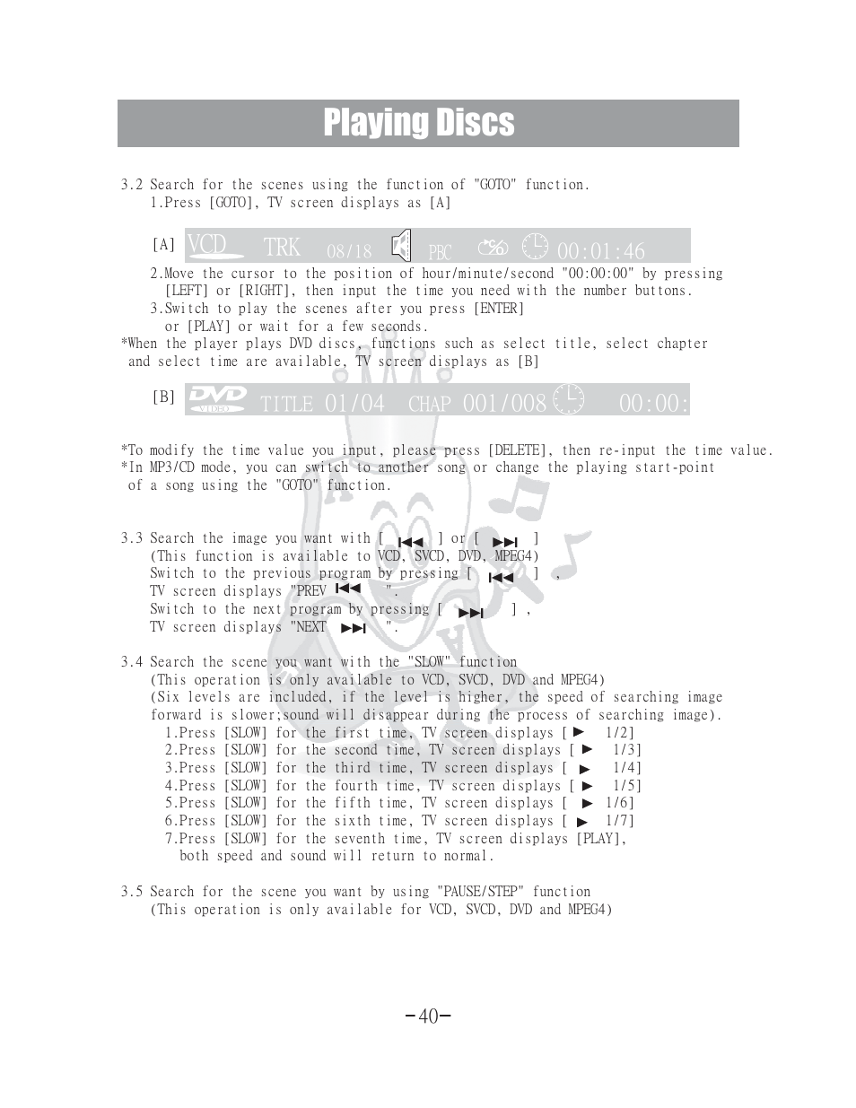 Playing discs, Title chap | Acesonic 400 Disc DVD CD G Karaoke Changer DGX-400 User Manual | Page 41 / 51