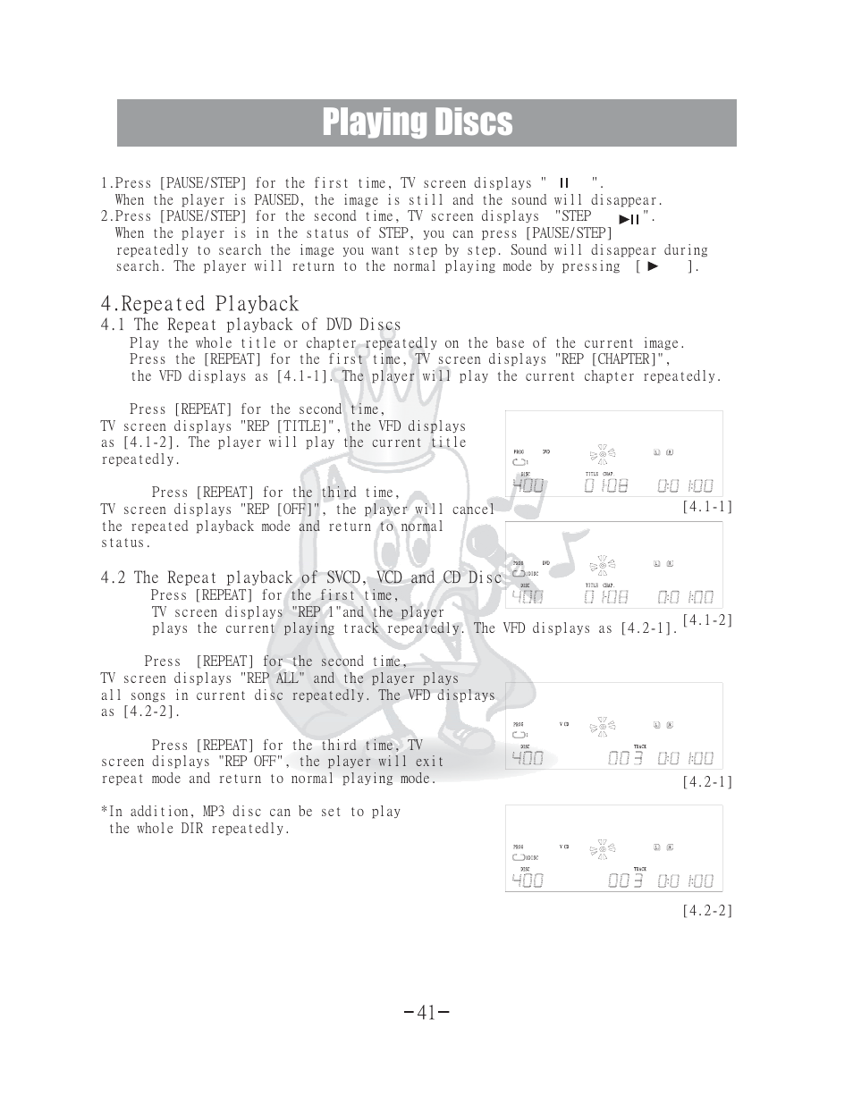Playing discs, Repeated play back | Acesonic 400 Disc DVD CD G Karaoke Changer DGX-400 User Manual | Page 42 / 51