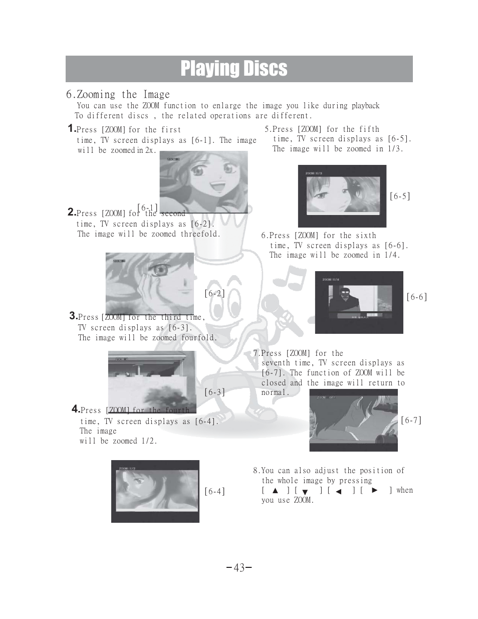 Playing discs, 2. 3. 4. 6.zooming the image | Acesonic 400 Disc DVD CD G Karaoke Changer DGX-400 User Manual | Page 44 / 51