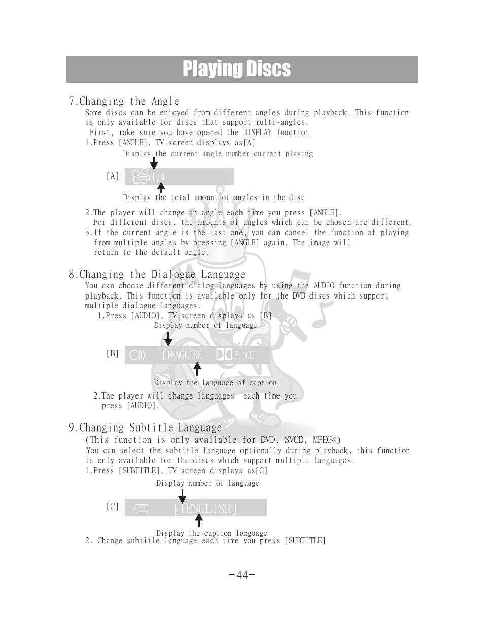 Playing discs, 1english, Language | Acesonic 400 Disc DVD CD G Karaoke Changer DGX-400 User Manual | Page 45 / 51