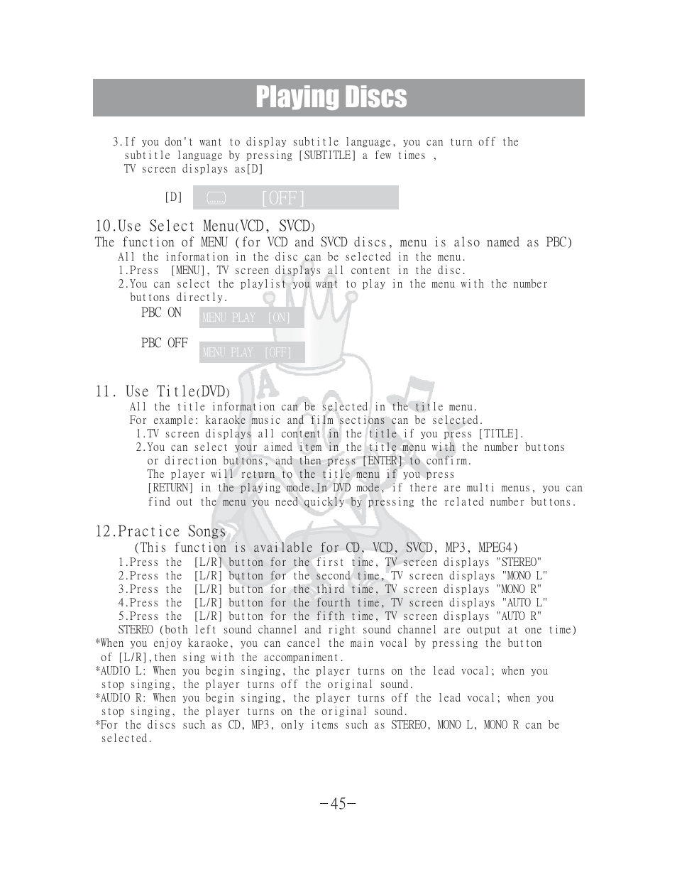 Playing discs | Acesonic 400 Disc DVD CD G Karaoke Changer DGX-400 User Manual | Page 46 / 51