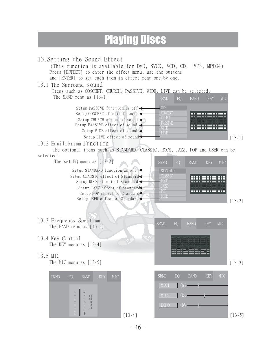 Playing discs, Set the sound effect ting sound function | Acesonic 400 Disc DVD CD G Karaoke Changer DGX-400 User Manual | Page 47 / 51