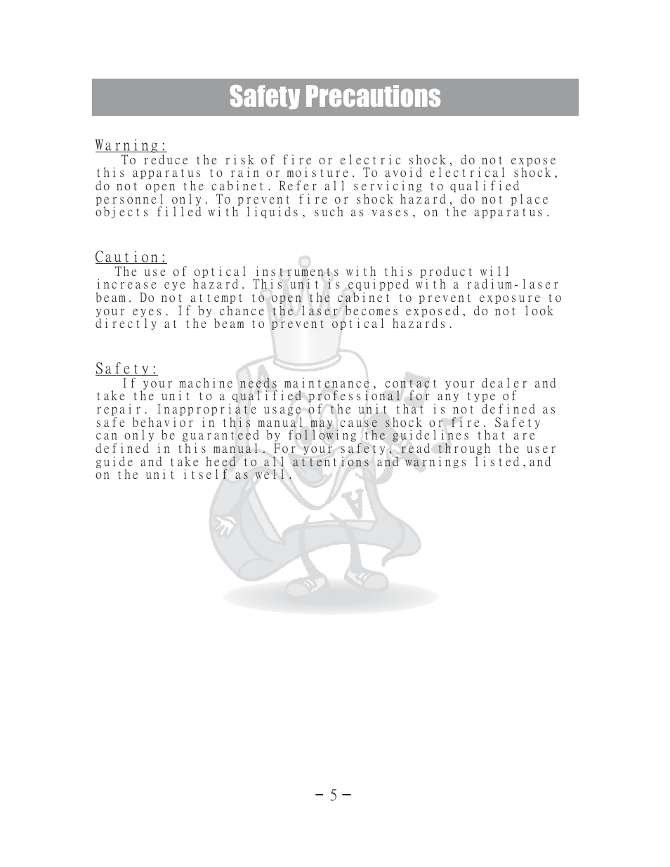 Safety precautions | Acesonic 400 Disc DVD CD G Karaoke Changer DGX-400 User Manual | Page 6 / 51