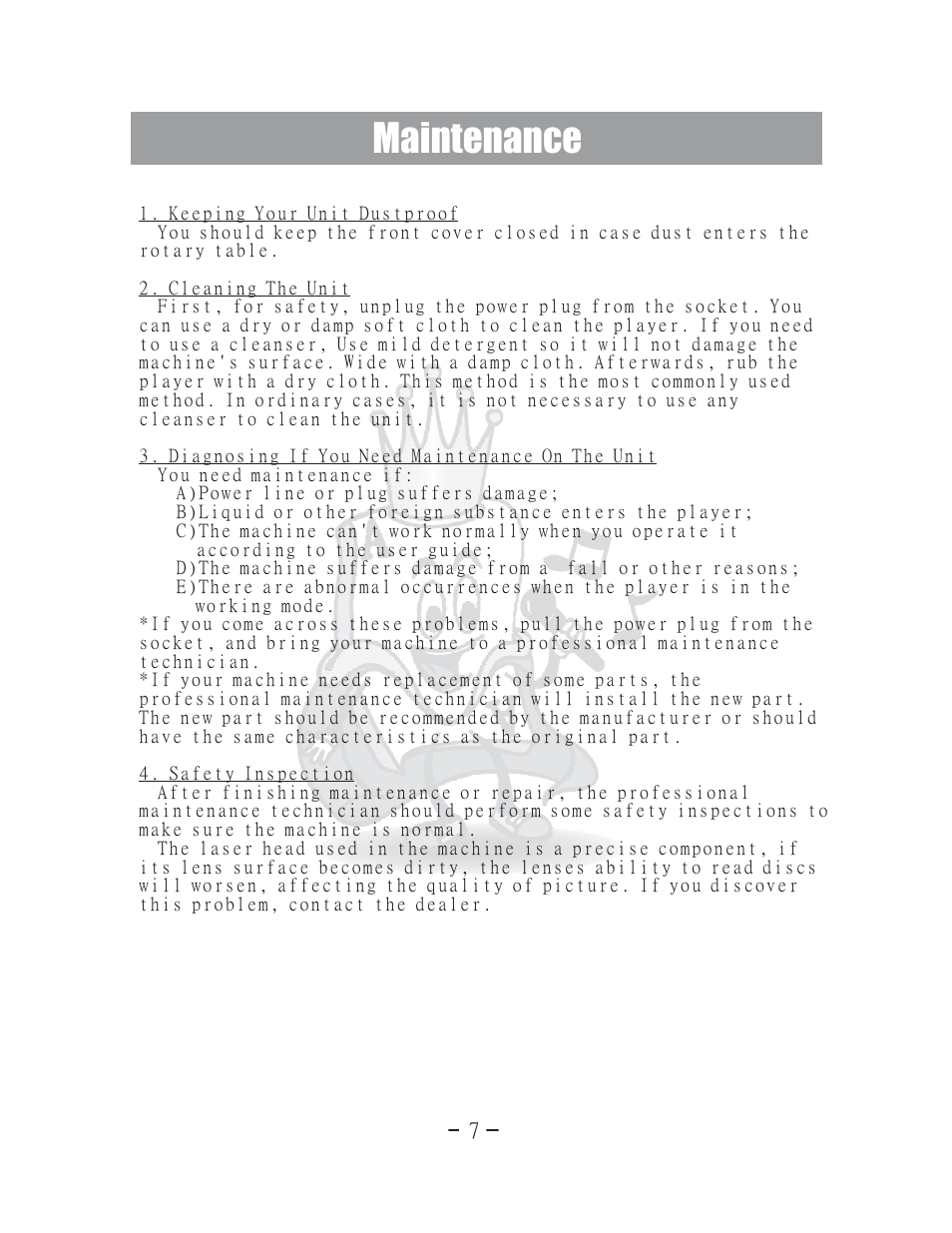 Maintenance | Acesonic 400 Disc DVD CD G Karaoke Changer DGX-400 User Manual | Page 8 / 51