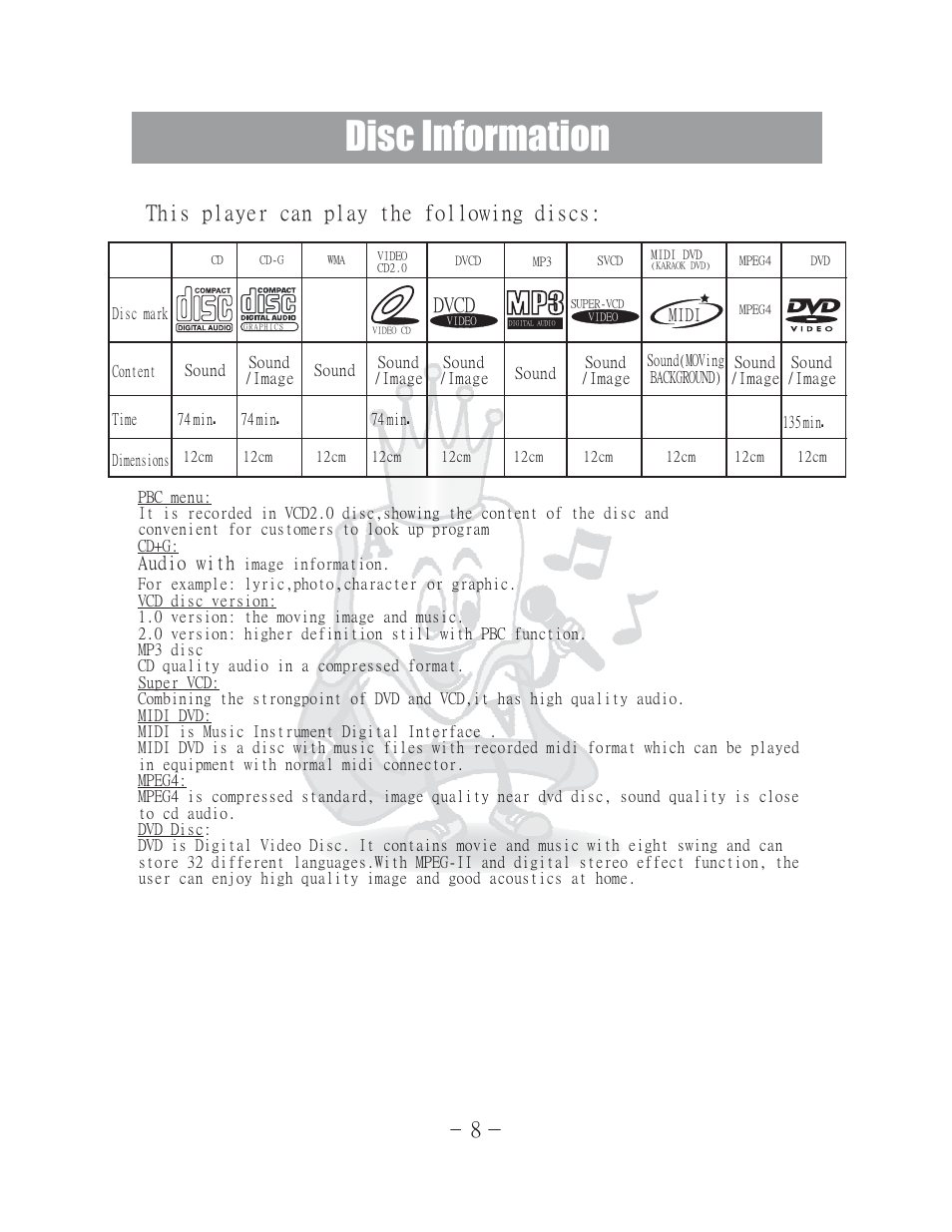 Disc information, 8this player can play following discs: the, Dvcd | Audio with | Acesonic 400 Disc DVD CD G Karaoke Changer DGX-400 User Manual | Page 9 / 51