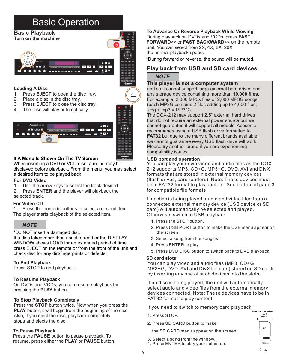 Bpb8, Basic operation, Basic playback | Play back from usb and sd card devices | Acesonic DGX-212 User Manual | Page 10 / 23