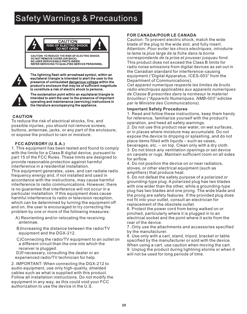 Safety warnings & precautions | Acesonic DGX-212 User Manual | Page 21 / 23