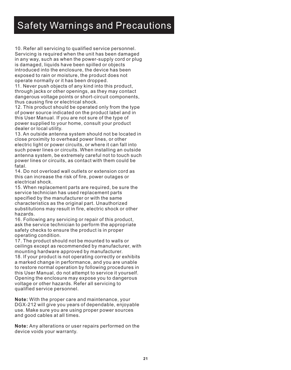 Safety warnings and precautions | Acesonic DGX-212 User Manual | Page 22 / 23