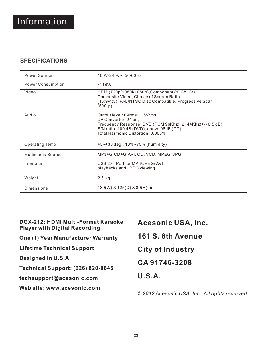 Information | Acesonic DGX-212 User Manual | Page 23 / 23