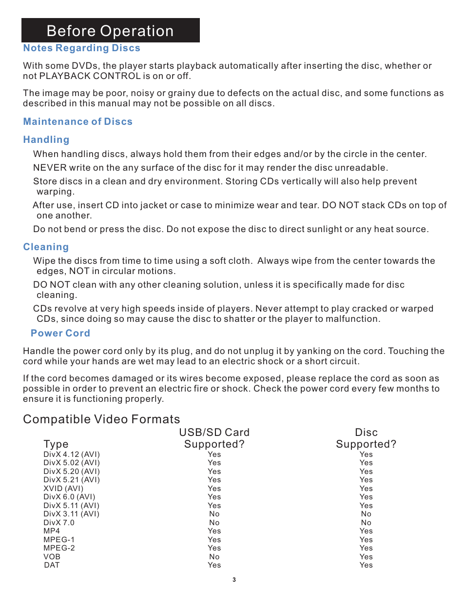 Before operation, Compatible video formats, Usb/sd card disc type supported? supported | Acesonic DGX-212 User Manual | Page 4 / 23