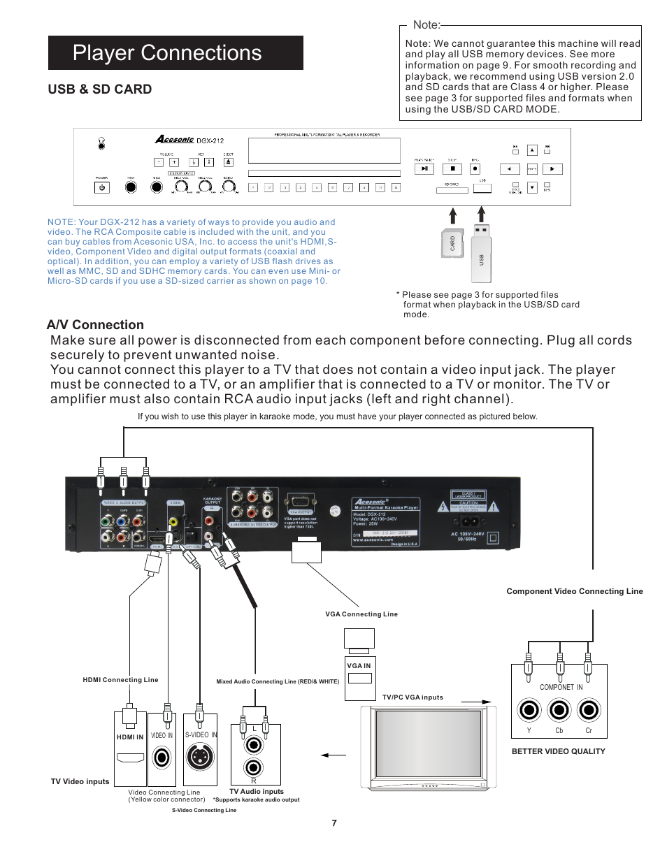 Player connections, Usb & sd card a/v connection | Acesonic DGX-212 User Manual | Page 8 / 23