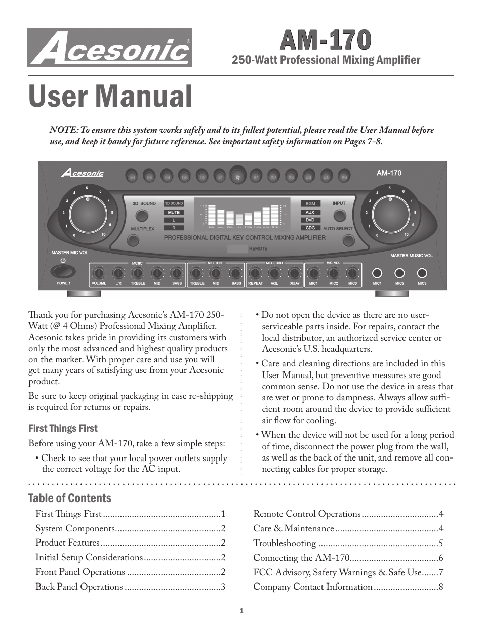 Acesonic 250-WATT PROFESSIONAL MIXING AMPLIFIER AM-170 User Manual | 8 pages