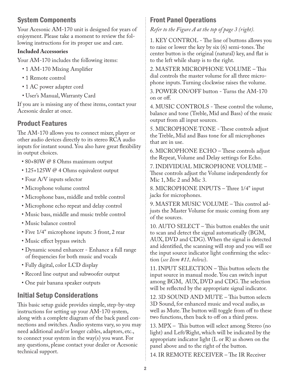 System components, Product features, Initial setup considerations | Front panel operations | Acesonic 250-WATT PROFESSIONAL MIXING AMPLIFIER AM-170 User Manual | Page 2 / 8
