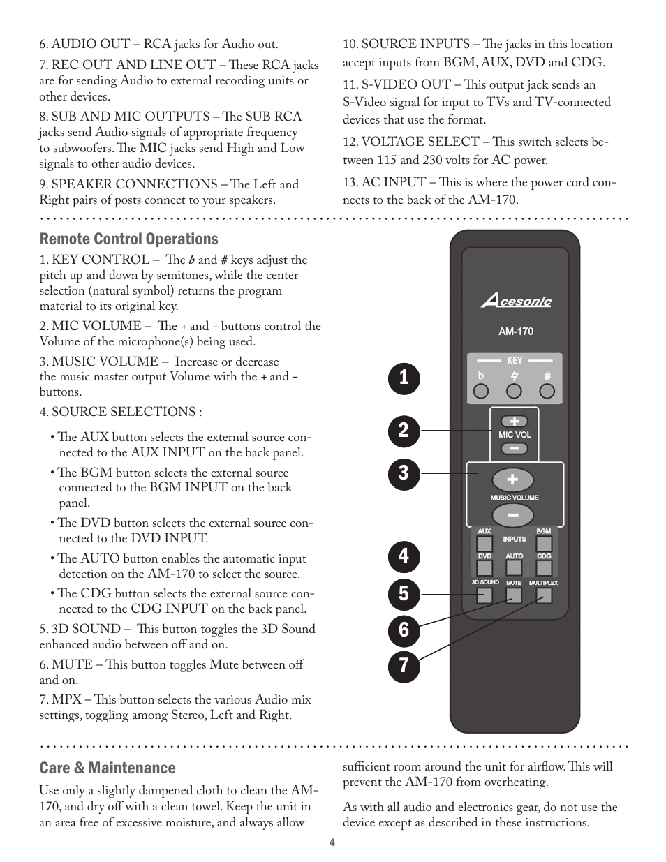 Remote control operations, Care & maintenance | Acesonic 250-WATT PROFESSIONAL MIXING AMPLIFIER AM-170 User Manual | Page 4 / 8