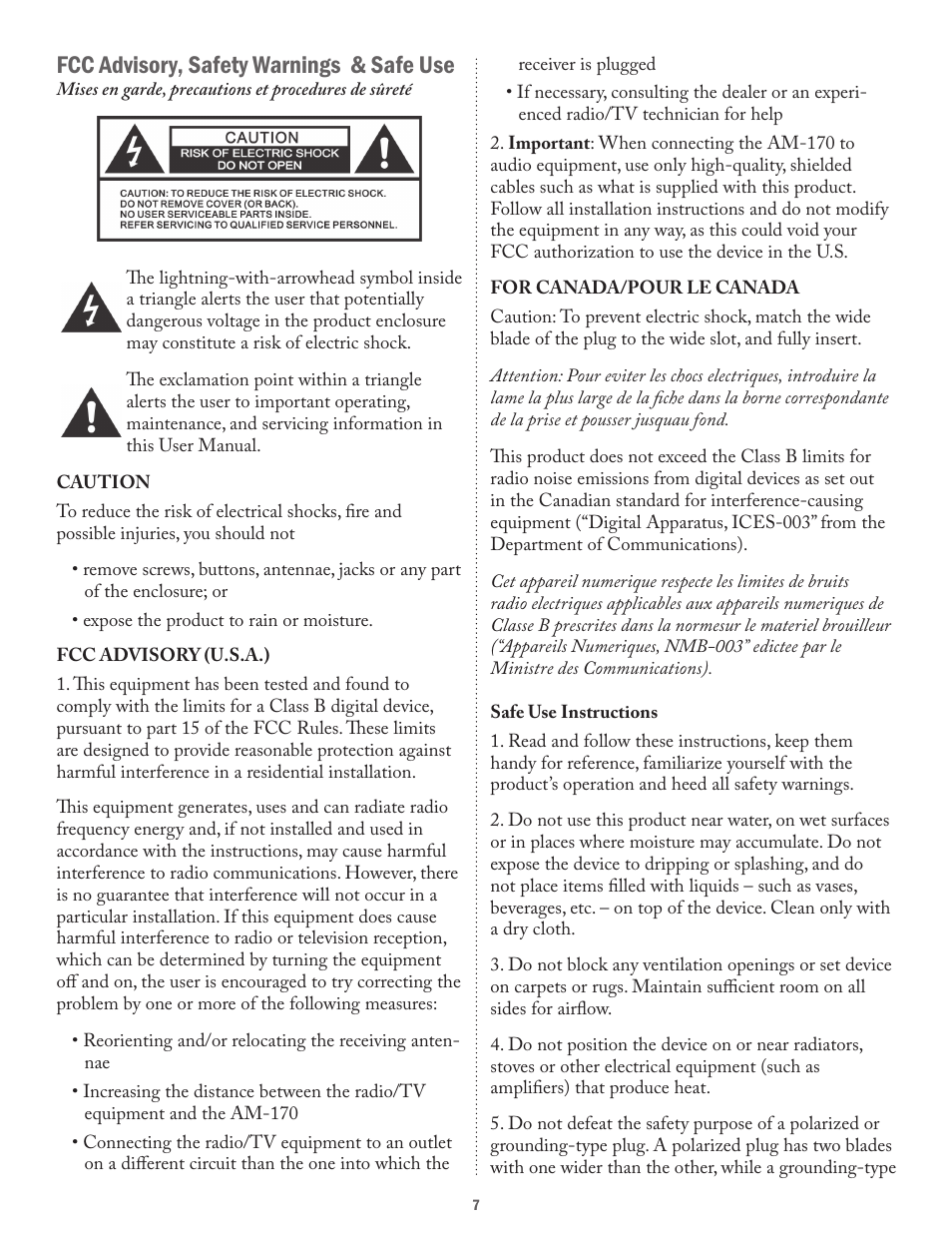 Fcc advisory, safety warnings & safe use | Acesonic 250-WATT PROFESSIONAL MIXING AMPLIFIER AM-170 User Manual | Page 7 / 8