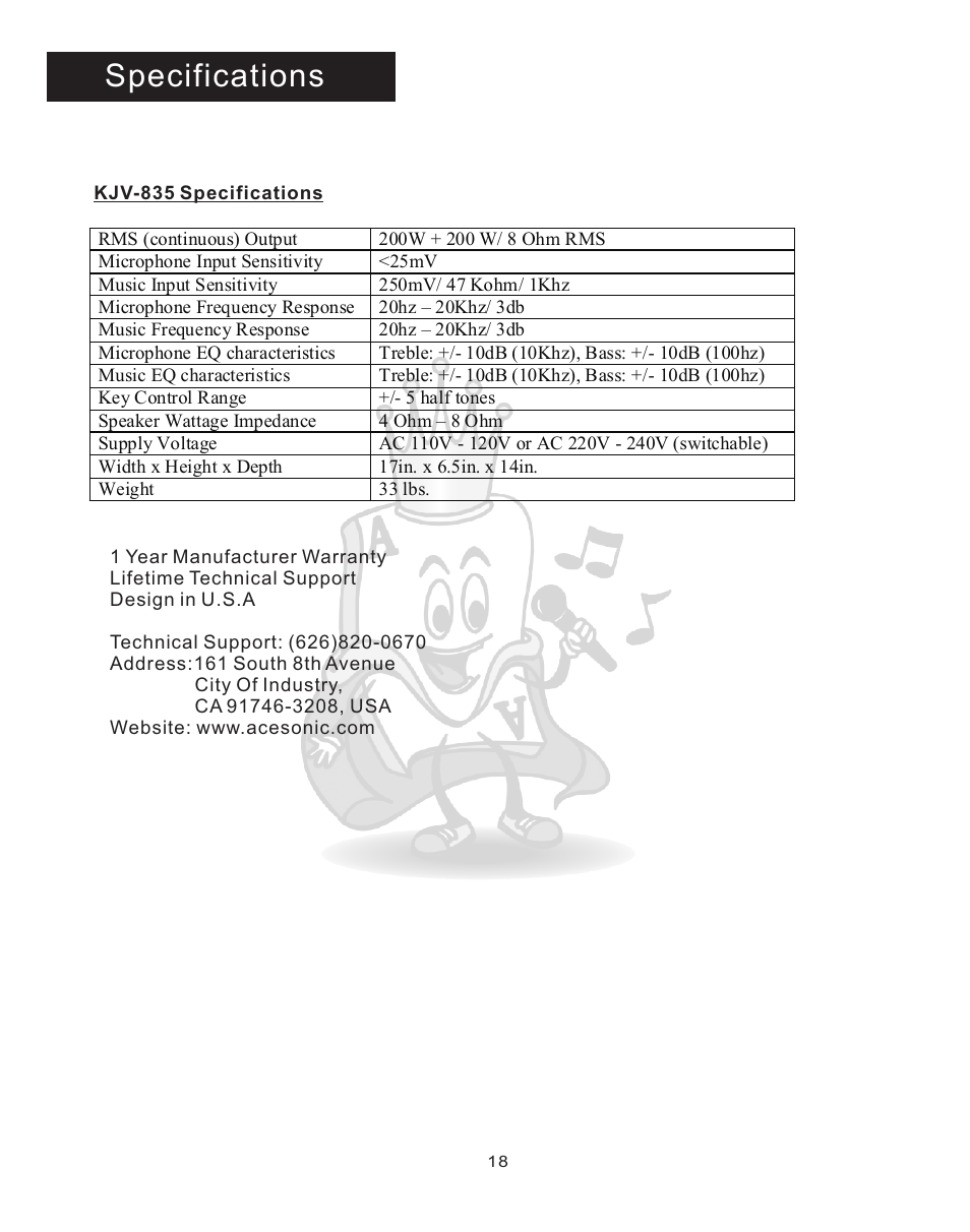 Spec, Specifications | Acesonic KJV-835 User Manual | Page 18 / 20