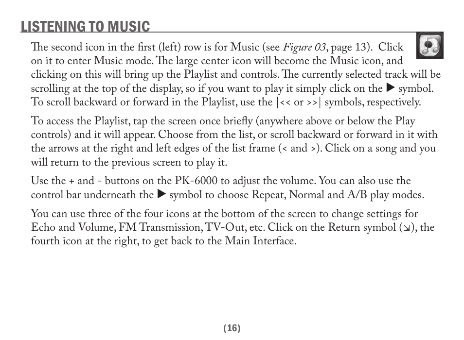 Listening to music | Acesonic PK-6000 User Manual | Page 16 / 46