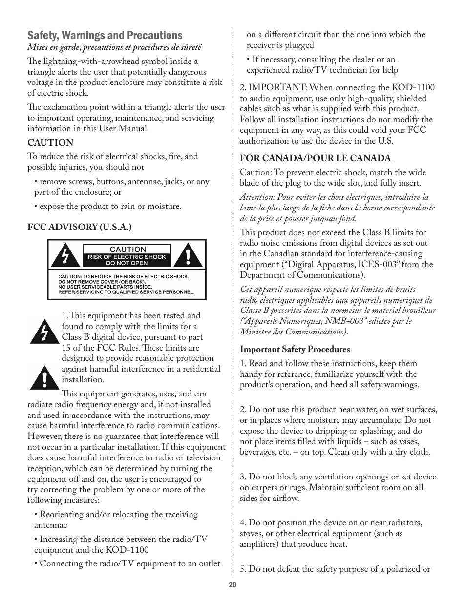 Safety, warnings and precautions | Acesonic KARAOKE-ON-DEMAND KOD-1100 User Manual | Page 20 / 23