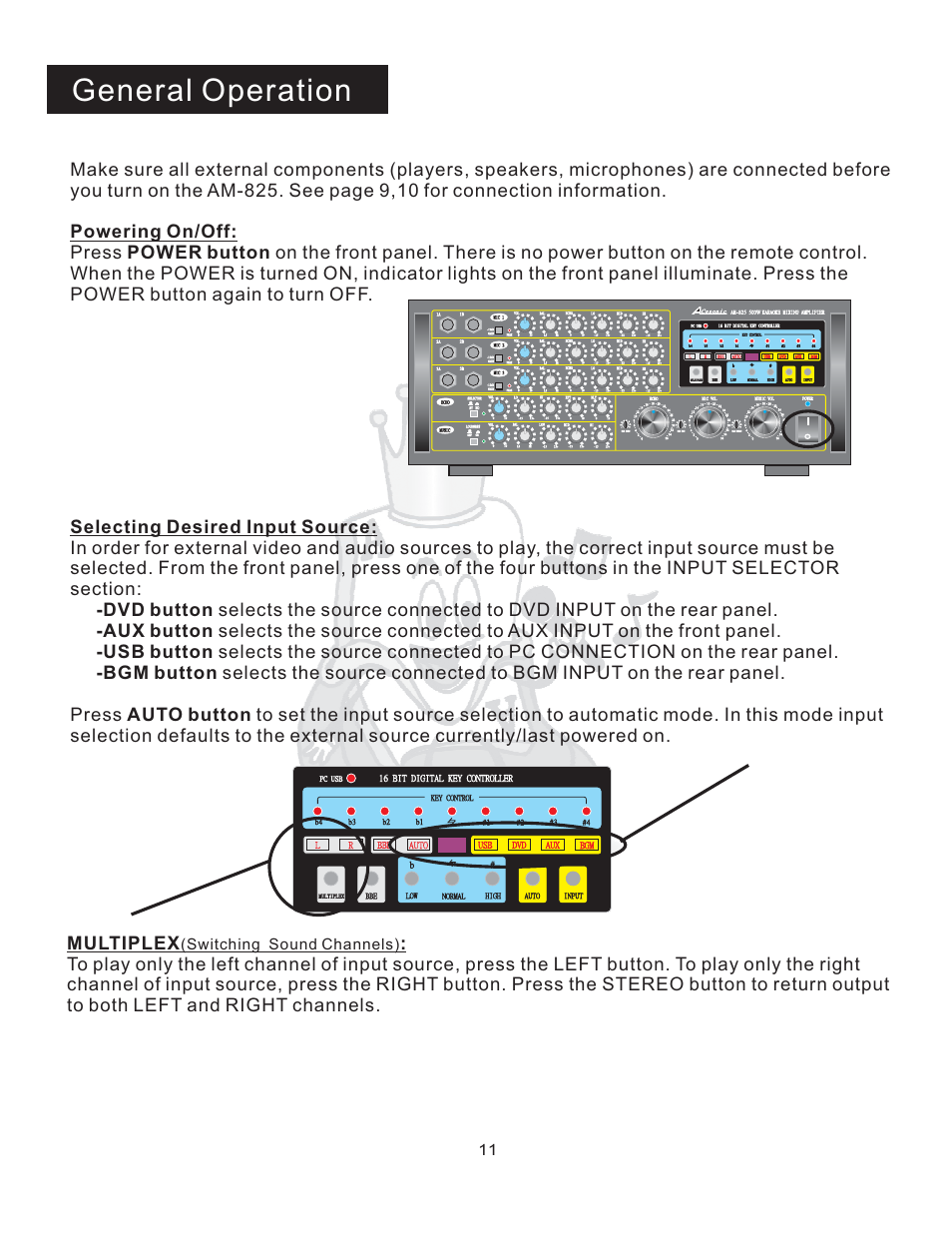 General operation, Switching sound channels), Rbbe auto usb | 16 bit digital key controller, 16 bit digital key controller bgm aux, Dvd l | Acesonic AM-825 User Manual | Page 11 / 16