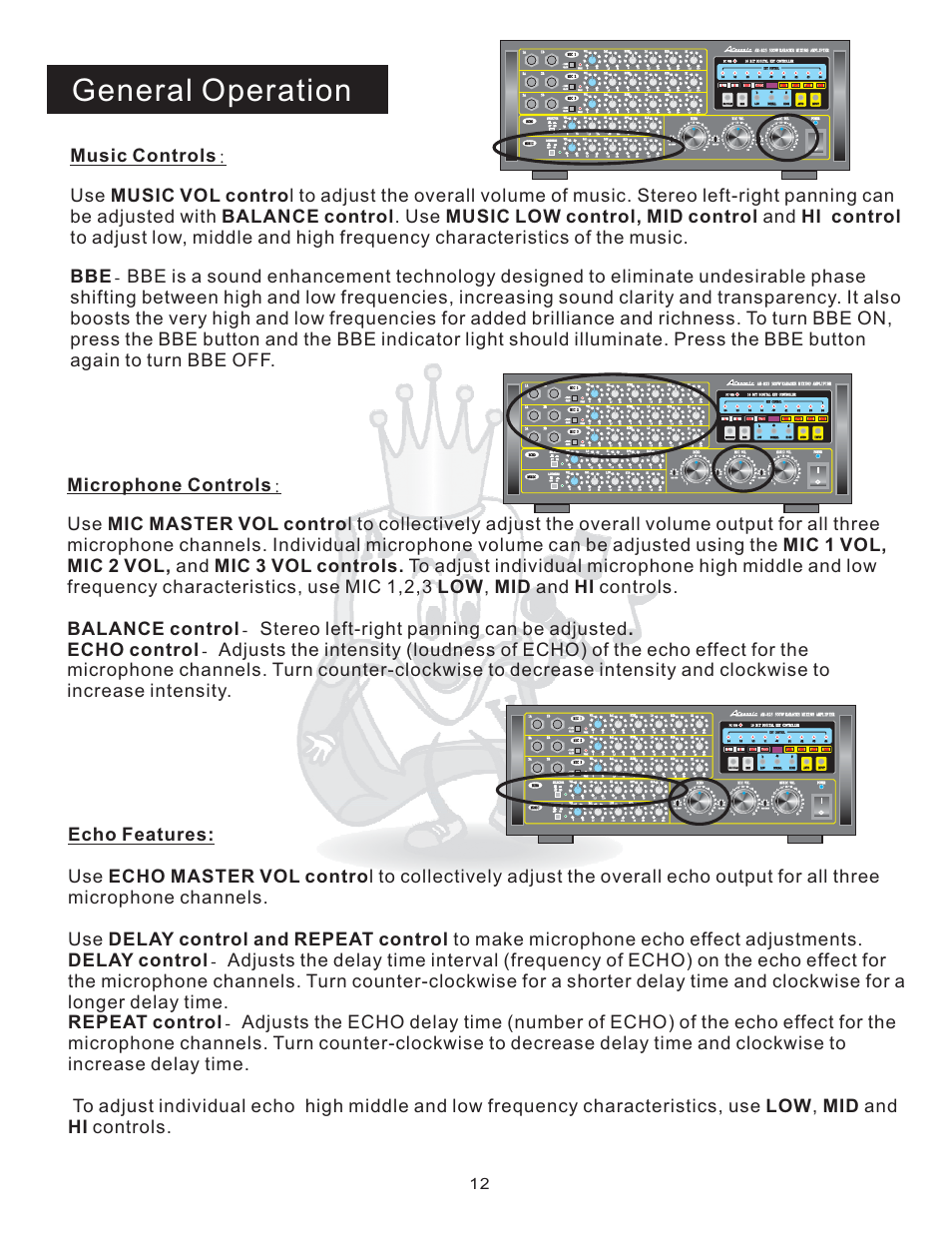 General operation, Max echo, Max mic | Max music | Acesonic AM-825 User Manual | Page 12 / 16