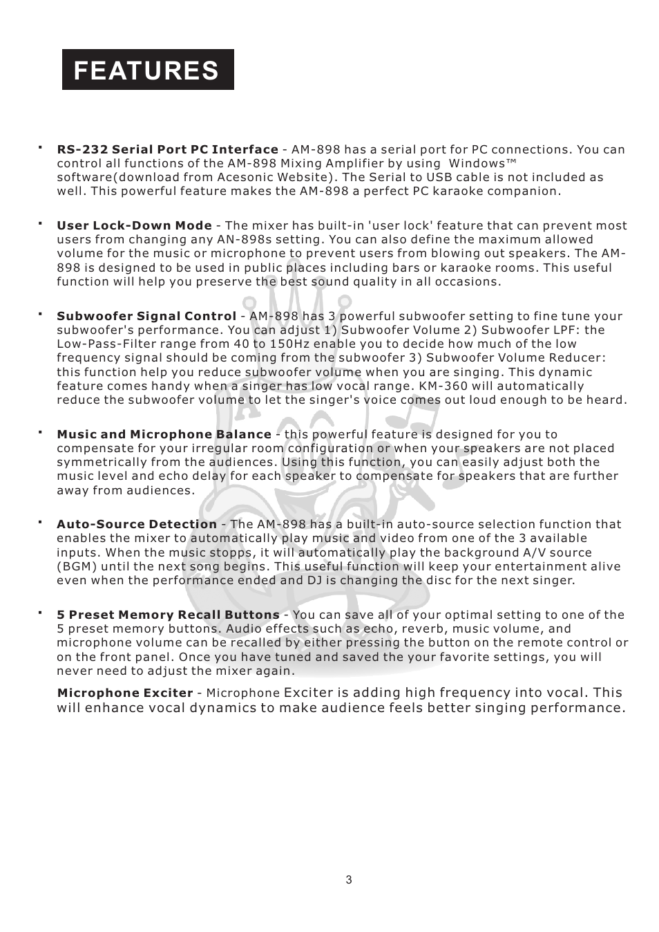 Features | Acesonic AM-898 User Manual | Page 6 / 22