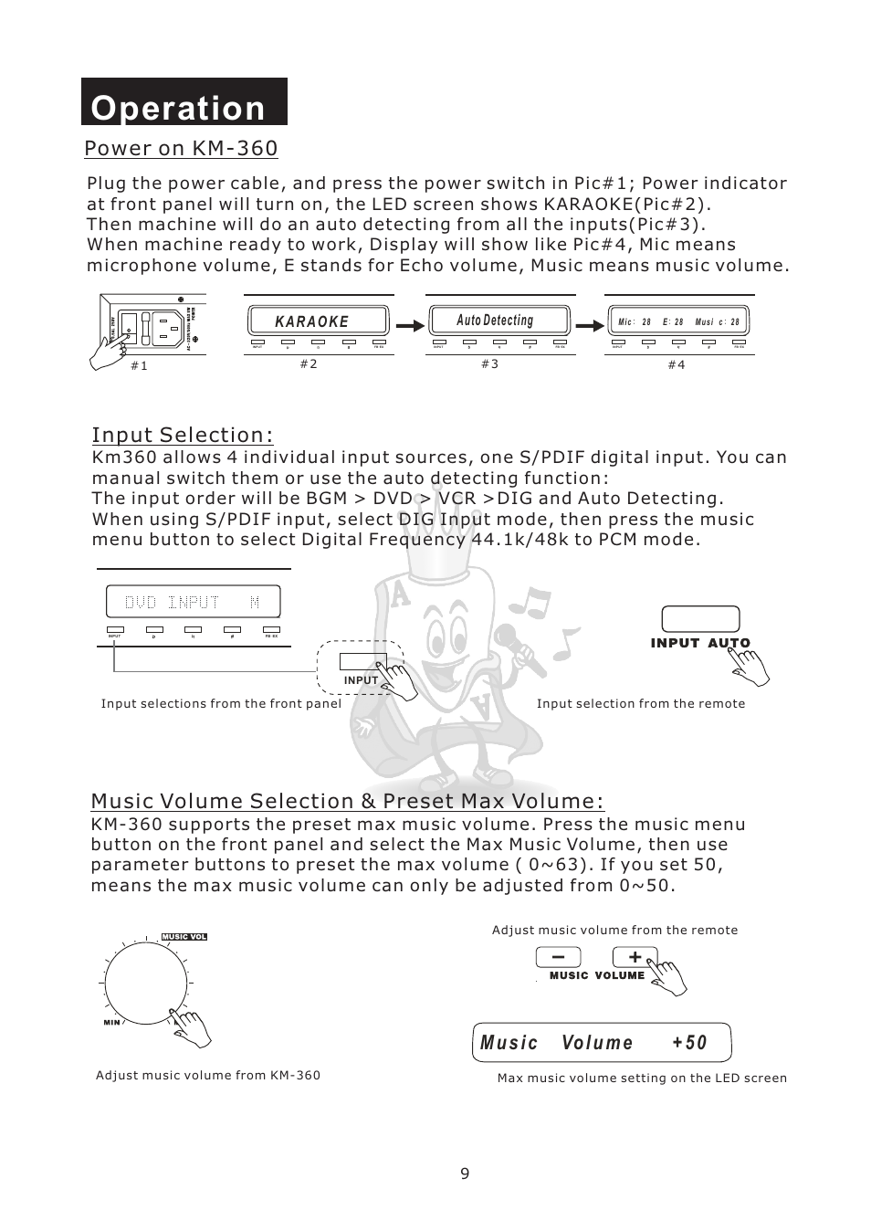 Operation, Power on km-360, Input selection | Music volume selection & preset max volume, Auto detecting | Acesonic KM-360 User Manual | Page 12 / 22