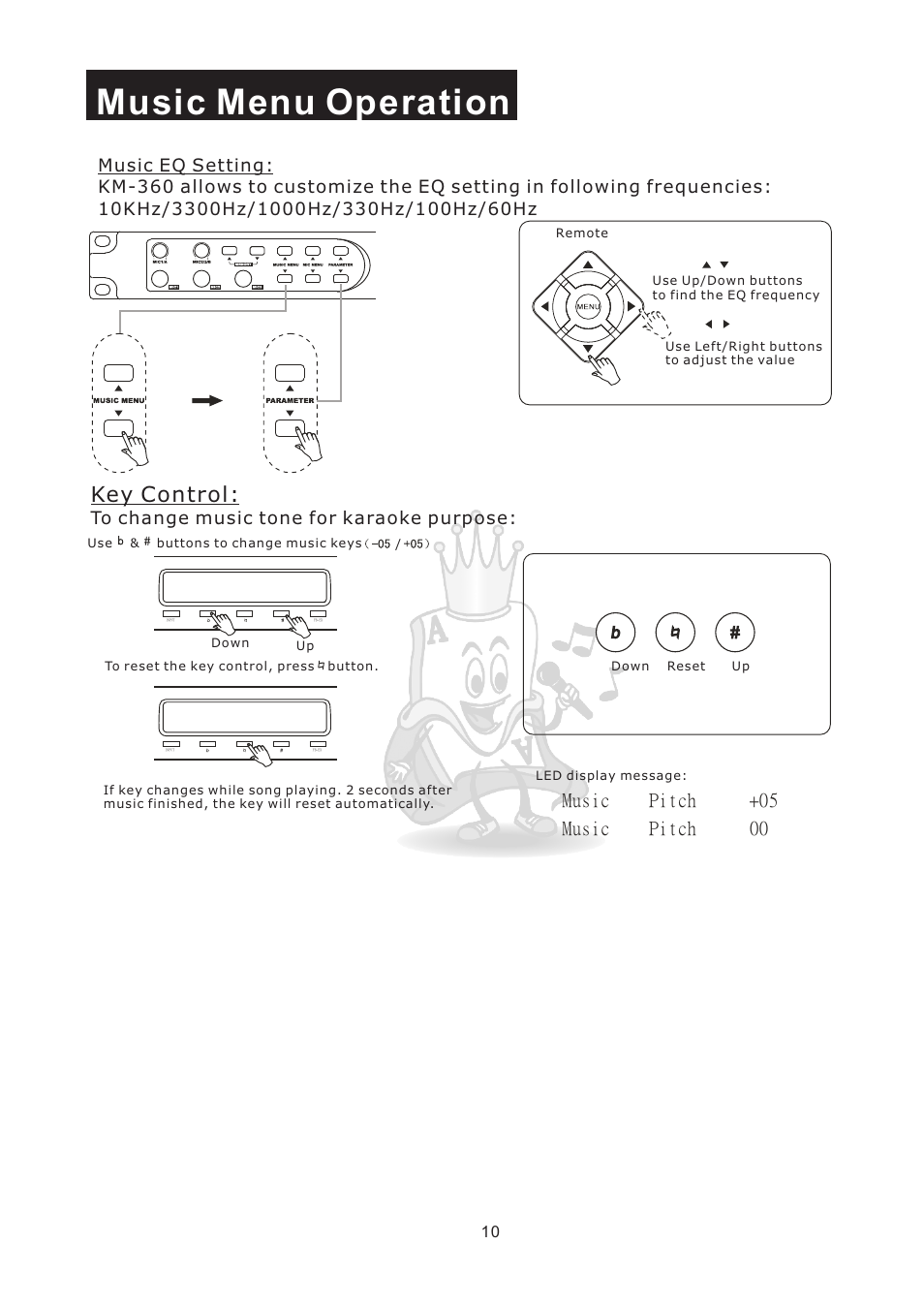 Music menu operation, Key control, Music pitch +05 music pitch 00 | Acesonic KM-360 User Manual | Page 13 / 22