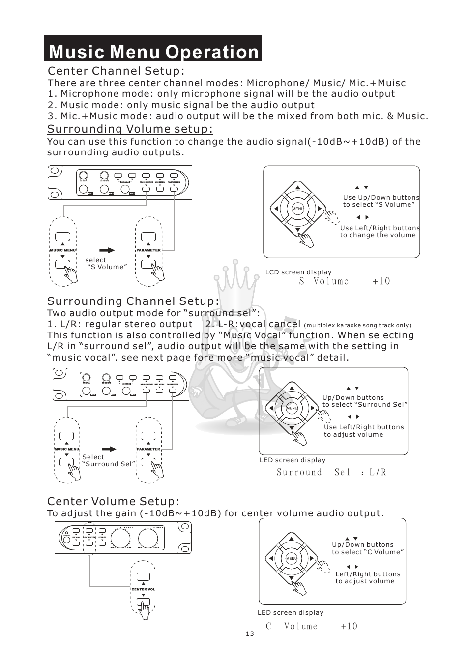 Music menu operation, Center channel setup, Surrounding volume setup | Surrounding channel setup, Center volume setup | Acesonic KM-360 User Manual | Page 16 / 22