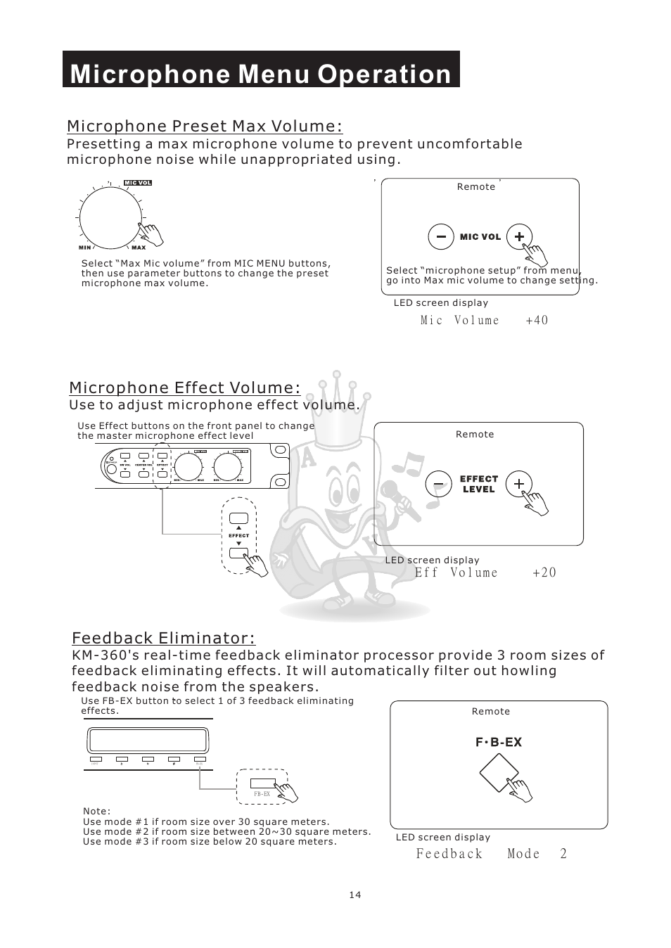 Microphone menu operation, Microphone preset max volume, Microphone effect volume | Feedback eliminator | Acesonic KM-360 User Manual | Page 17 / 22
