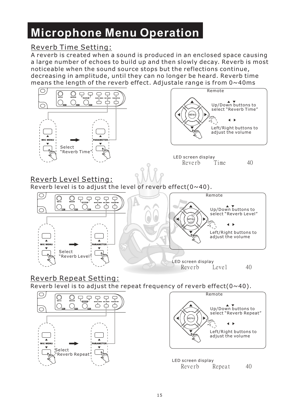 Microphone menu operation, Reverb time setting, Reverb level setting | Reverb repeat setting | Acesonic KM-360 User Manual | Page 18 / 22