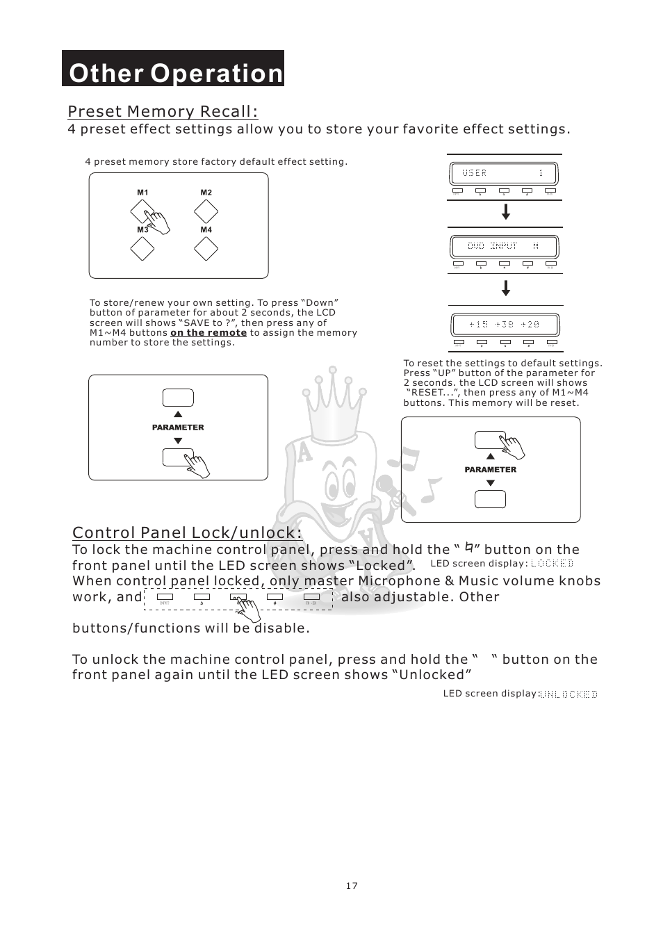 Other operation, Control panel lock/unlock | Acesonic KM-360 User Manual | Page 20 / 22